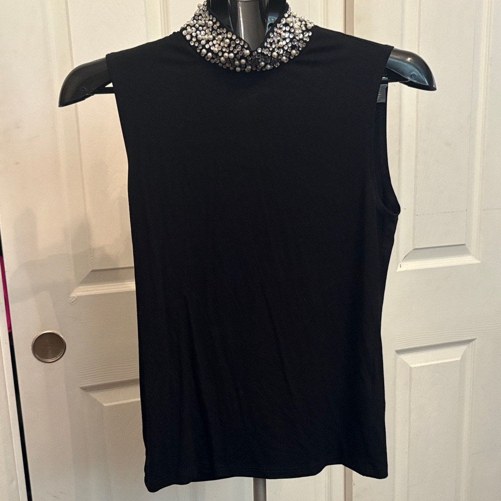 L'AGENCE Black Sleeveless Top with Embellished Collar